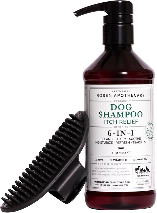 6-in-1 Itch Relief Dog Shampoo with Brush - Tearless Shampoo for Dogs Cleanses, Soothes, Refreshes and Moisturizes While Offering Itch Relief, 480ml