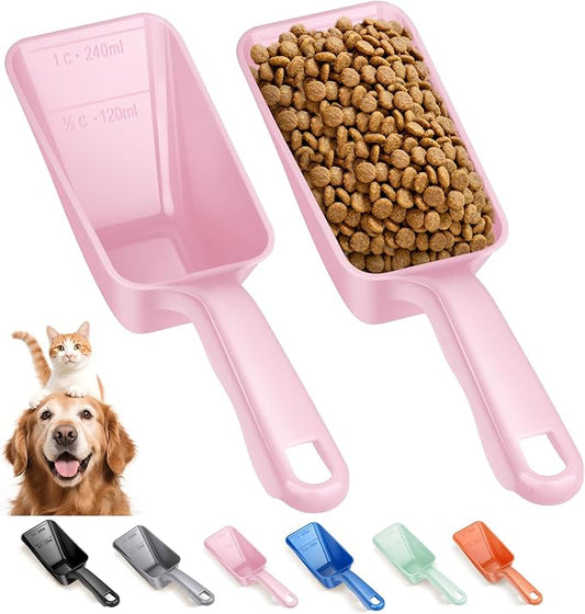 2-Pack Dog Food Scoop 1 Cup, Plastic Pet Food Measuring Scoop With Measuring Lines (1/2 & 1 Cup Markings) for Dogs, Cats, Fish, Bird（Pink)