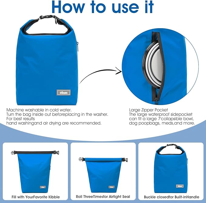 Pet Food Storage Bag,Dog Storage Organizer Bag w/2PCS Collapsible Dog Travel Bowls and Zipper Side Pocket for Home(Blue, Large)