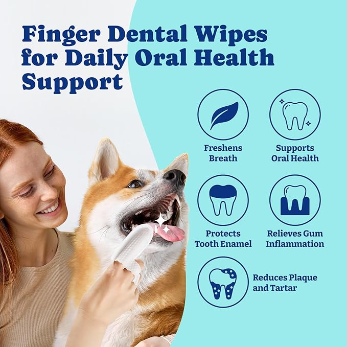 Dog Teeth Cleaning Wipes, Pet Finger Dental Wipes for Dogs & Cats, Dual-Sided, 6-in-1 Herbal Formula, Remove Plaque & Tartar, Freshen Breath, No-Rinse Toothbrushing Wipes - 50 PCS, Unflavored