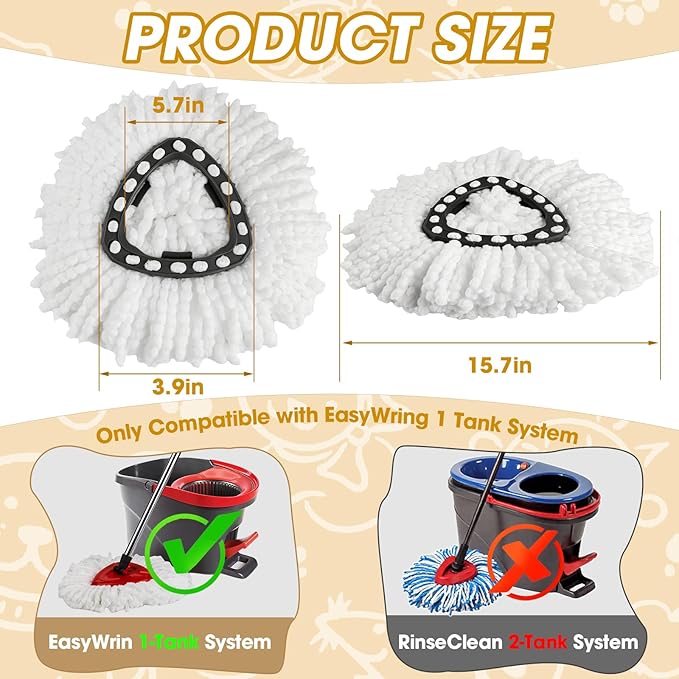 3 Pack Mop Heads Replacements, Spin Mop Replacement Heads Compatible O-Ceda EasyWring 1-Tank System, Microfiber Mop Refills, Easy Cleaning Mop Replace Head