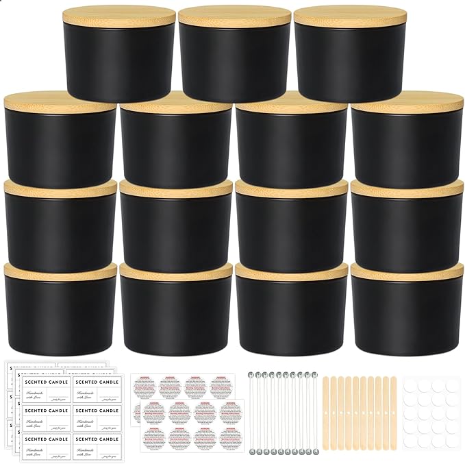 4oz Candle Jars 15 Pack, Small Black Glass Empty Candle Jars for Making Candles with Bamboo Lids and Wick Kit, Wide Mouth Candle Container Bulk, Ideal for Candle Business Owners