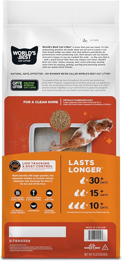 WORLD'S BEST CAT LITTER Low Tracking & Dust Control Multiple Cat Unscented 8-Pounds - Natural Ingredients, Quick Clumping, Flushable & Made in USA - Long-Lasting Odor Control & Easy Scooping