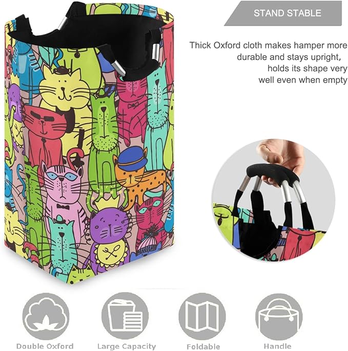 visesunny Doodle Cat Pet Kitten Animal Large Laundry Hamper with Handle Foldable Durable Clothes Hamper Laundry Bag Toy Bin for Bathroom, Bedroom, Dorm, Travel