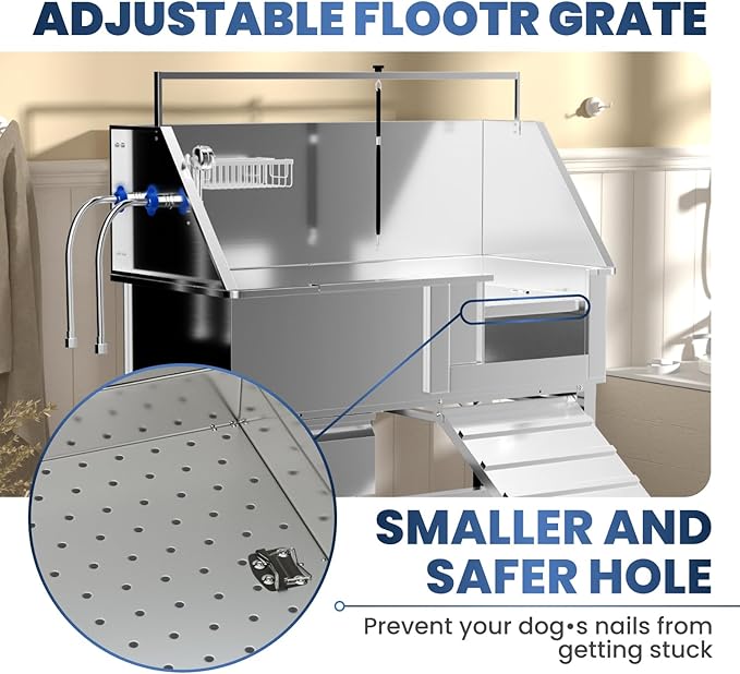 46" Dog Washing Station, Professional Stainless Steel Dog Bathtub w/Ramp & Storage Drawer, Adjustable Grate, Non-Slip Design, Home Grooming & Large Dogs (Right Ramp)
