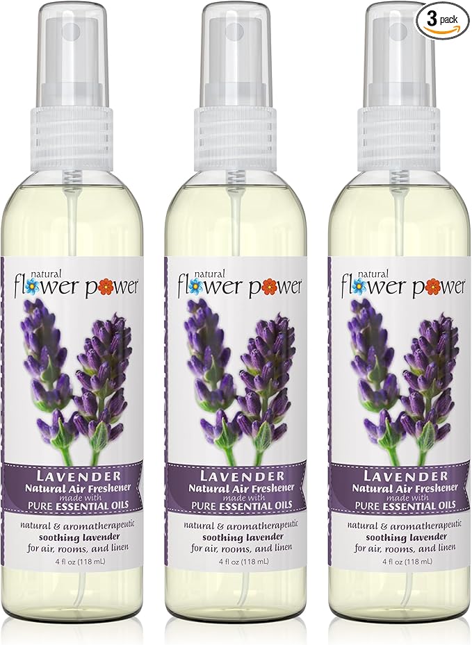 Natural Flower Power Air Freshener Spray - Odor Eliminator with Essential Oils for the Home, Car & Fabric - Cruelty Free & Vegan - 3 Pack - Lavender - 3 x 4 oz