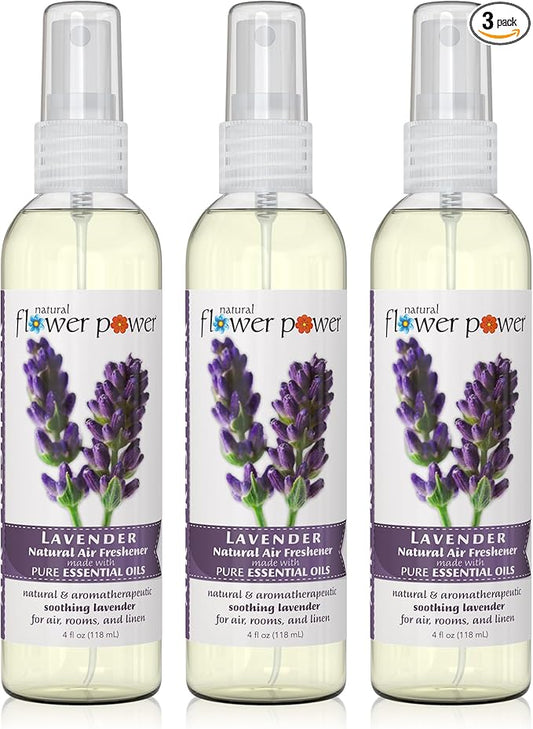 Natural Flower Power Air Freshener Spray - Odor Eliminator with Essential Oils for the Home, Car & Fabric - Cruelty Free & Vegan - 3 Pack - Lavender - 3 x 4 oz
