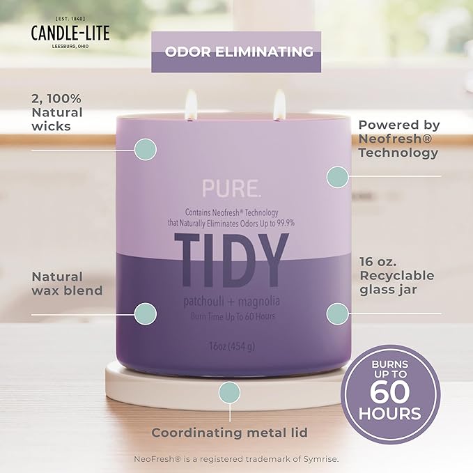 Candle-Lite Pure Patchouli & Magnolia Odor Eliminating Scented Candles, Neofresh Technology Eliminates 99.9% of Odors, 16 oz 2-Wick Jar, Proudly Poured in The USA, Up to 60 Hours Burn Time