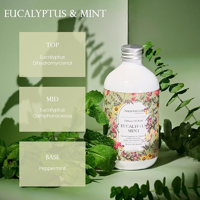 M&SENSE Reed Diffuser Oil Refill, 16.9oz (500ml) with 10 Hollow Reed Sticks, Eucalyptus Mint Scent Home Fragrance, Scented Oil Refills, Natural Essential Oils for Diffusers, Décor for Home Spa Office