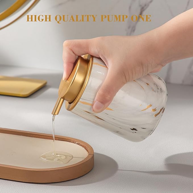 Enra Ceramic Gold Soap Dispenser,12 oz Marble Lotion Dispenser Bathroom Liquid Refillable Hand Soap Dispenser for Bathroom Kitchen with Easy-to-Press Pump (Glod Liquid Type)