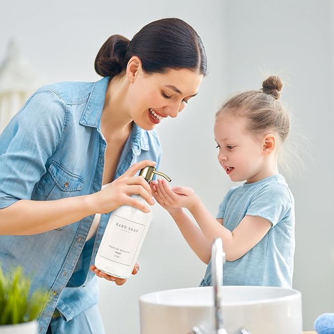 Glass Soap Dispenser for Kitchen, Farmhouse Dish Soap Dispenser&Hand Soap Dispenser Set,Rustproof Pump Lotion Dispenser Bathroom with Tray, Waterproof Label for Kitchen Decor(Clear