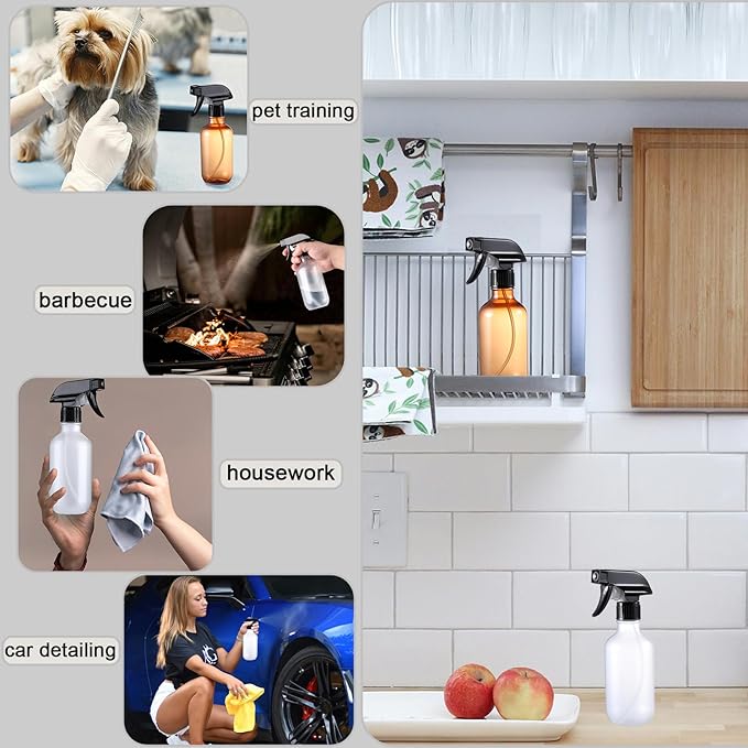 Plastic Small Spray Bottle, Mister Squirt Bottle 2 Pack, 10.1 oz Amber Refillable Empty Water Spray Bottles with Adjustable Mist/Stream for Hair, Plant, Pet, Cleaning, Cooking