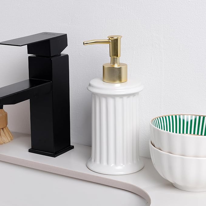 Bosilunlife Hand Soap Dispenser Ceramic - 9.5oz Lotion Dispenser for Bathroom, Dish Soap Dispenser for Kitchen, Modern Easy-to-Press, Refillable for Shampoo, Shower Gel, Cleanser, Hand Soap (White)