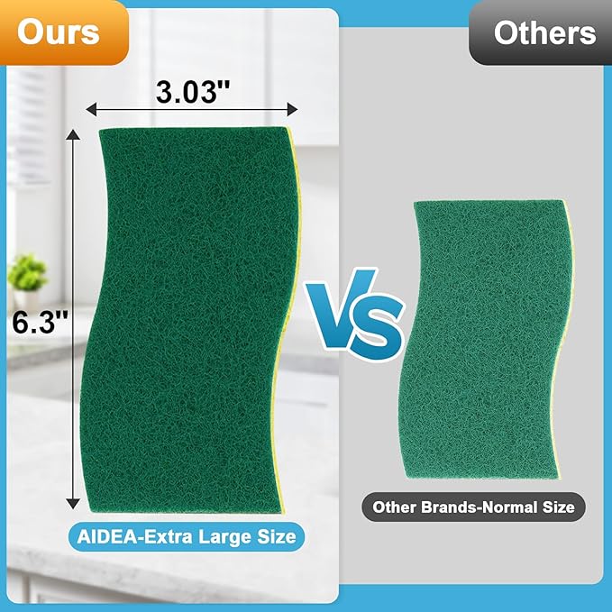 AIDEA XL Scrub Sponges Heavy Duty 12Count, Sponges for Dishes, Extra Large Sponge for Cleaning Kitchen and Household, Heavy Duty Sponge Safe for Non-Coated Cookware, Cleaning Power for Bathroom, House