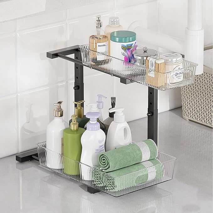 Under Sink Organizer, 2 Tier Pull Out Storage Organizer, Slide Out Storage Shelf for Bathroom & Kitchen, Under Cabinet Organizer and Storage with 5 Gears Height Adjustable (Black, 1 Pack)