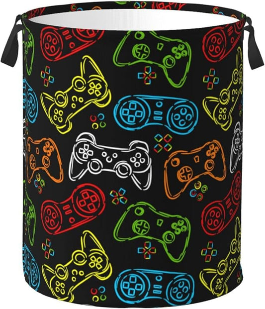 Colorful Game Joystick Silhouettes Laundry Hamper Bag With Waterproof Liner - Round Laundry Basket Foldable Clothes Storage Organizer For Bathroom Bedroom Nursery Dorm, M-19.6"X 15.7"