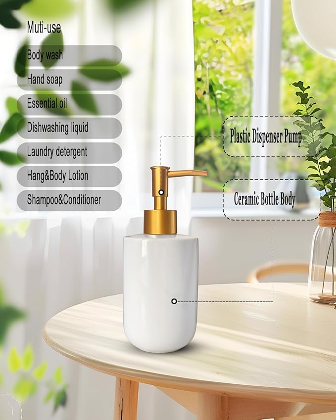 White Liquid Soap Dispenser with Golden Pump for Bathroom,Kitchen Refillable Dispenser,Countertop Lotion Ceramics Hand Dispenser 420ml (Cylindrical White Bottle)