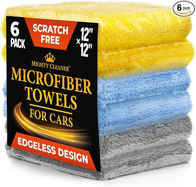 Edgeless Microfiber Towels for Cars – 6pk (12”x12”) - 540 GSM - Super Soft Detailing & Buffing – Scratch-Free & Absorbent Microfiber Cleaning Cloths for Car Polishing