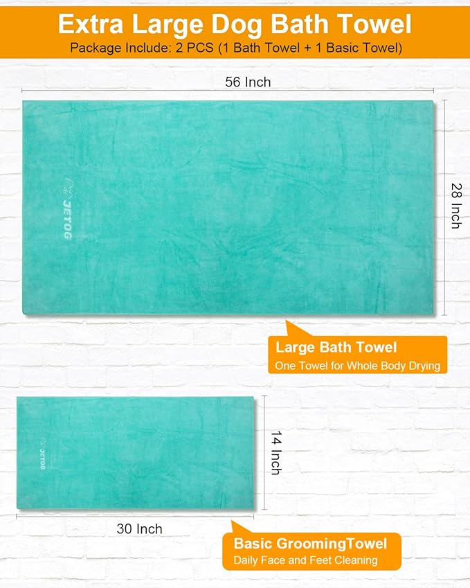 2-PCS Fast Drying Dog Towels - 56 x 28 Inch Ultra Soft & Absorbent Large Dog Towel with 30 x 14 Inch Daily Use Paw Towel - 100% Microfiber Pet Bath Grooming Towels for Dogs Cats, Green