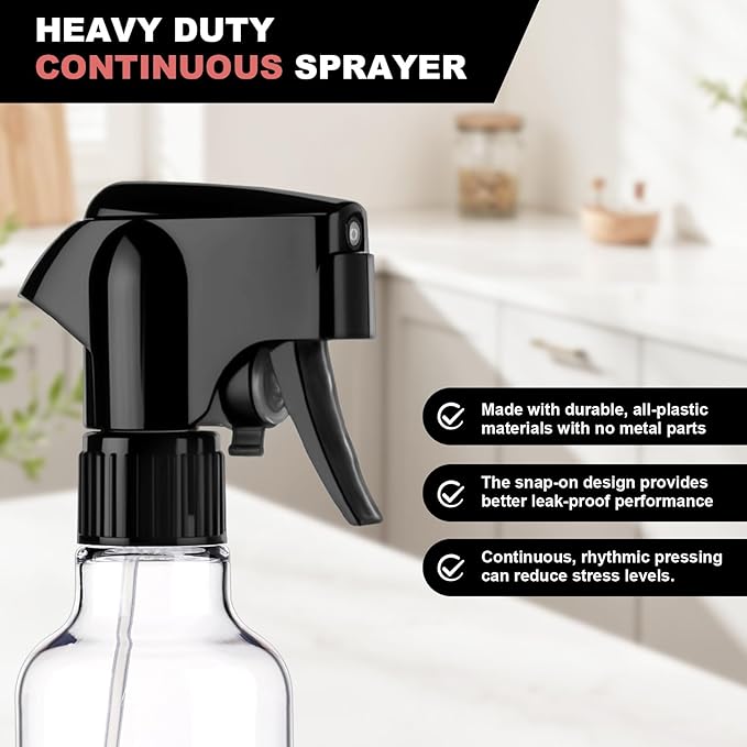 Plastic Spray Bottles 12oz Mist Spraying Bottle Continuous Mister Spray Bottle Heavy Duty Empty Water Spray Bottles for Hair, Cleaning Solutions, Plants，Essential Oils 2 Pack (Clear-2pcs)