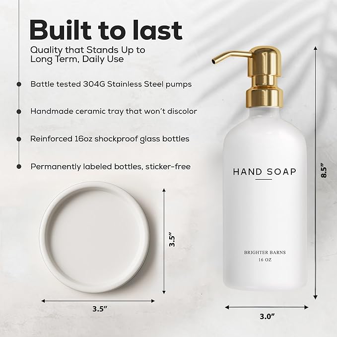 Luxury Glass Hand Soap Dispenser Bathroom Set by Brighter Barns - Hand Soap Dispenser with Stainless Steel Pump - Glass Bottle with Round Tray - White and Gold Bathroom Decor & Accessories (Gold)