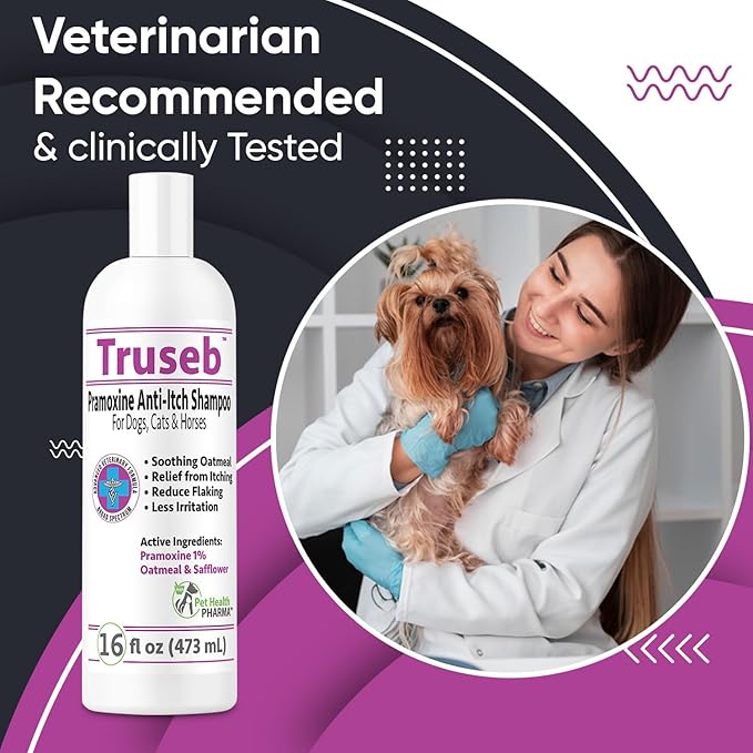 Truseb | Pramoxine 1% Shampoo for Itching Shampoo for Dogs and Cats with Eczema Relief from Scratchy, Itchy, Dry Skin, Hot Spots Moisturizing Oatmeal (Pramoxine 1% Shampo, 16 Oz)