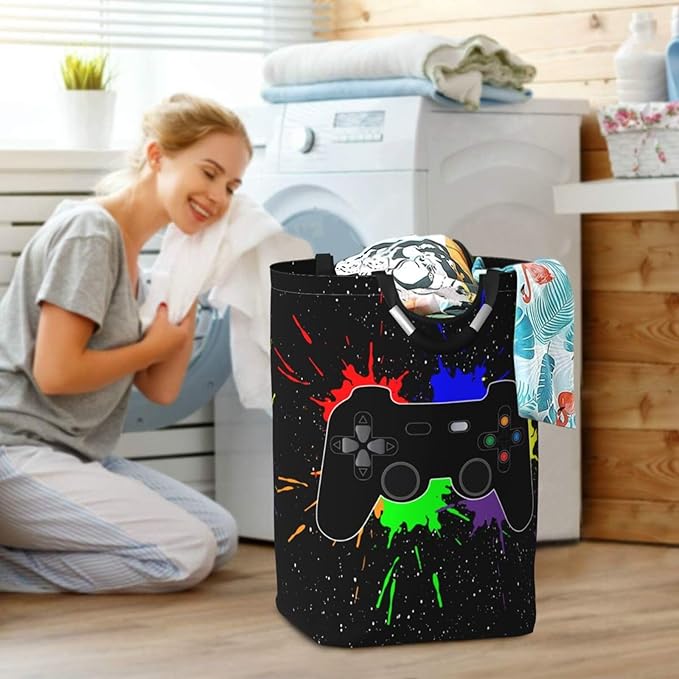 Gaming Joystick Large Laundry Hamper Bag With Waterproof Liner - Video Game Theme Laundry Basket Foldable Clothes Storage Organizer For Bathroom Bedroom Nursery Dorm