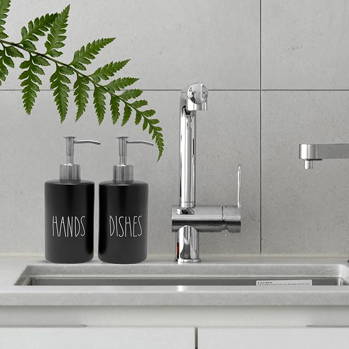 Modern Farmhouse Ceramic Dishes and Hands Soap Dispenser Set for Kitchen | Stainless Steel Pumps | 14oz, Black Bottles | Kitchen Décor for Counter