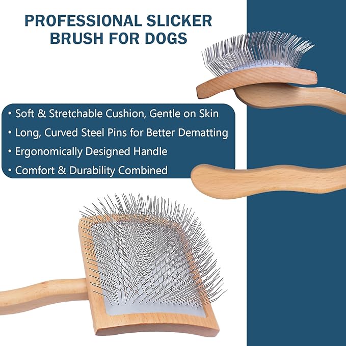 Slicker Brush for Dogs, Professional Dog Grooming Brush for Golden Doodle & Poodle - Deshedding Dog Brush for Medium or Long Haired Dogs, Remove Tangles, Knots and Mats (4PCS, Wooden, Large)
