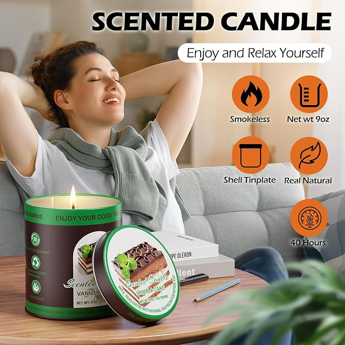 Premium Vanilla Cake Scented Soy Wax Candles Set | 2Pack 8% Essential Oils,80 Hrs Burn Time,Clean Burning&Smoke-Free| Aromatherapy Jar Tin Candle for Home, Relief & Sleep | Gift Set of Men&Women