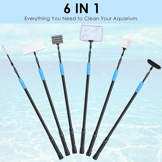 AquaMiracle 6 in 1 Aquarium Cleaning Tool Kit Fish Tank Cleaning Kit for 20-160 Gallon Tank with Telescopic Long Handle, Algae Scraper, Scrubber Pads, Tube Cleaner, Fish net, Gravel Rake
