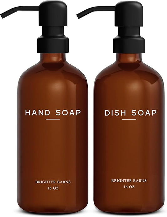 Amber Glass Hand and Dish Soap Dispenser Set by Brighter Barns - Modern Kitchen Decor & Accessories for Airbnb, RV, Office, Housewarming Gifts (Amber)