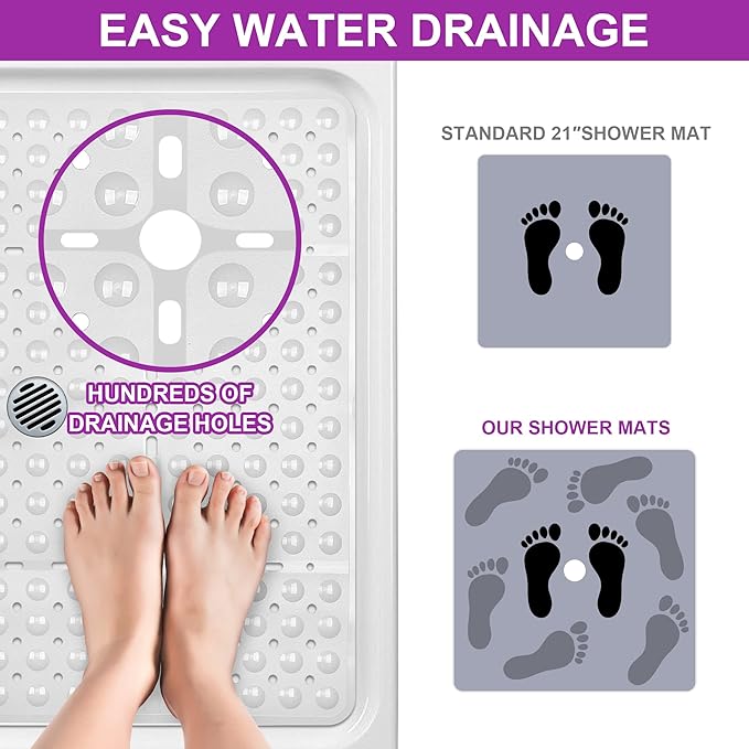 Reetual XL Shower Mat Non Slip - 27x27 Bath Mat for Shower Stall or Large Bathtub Mat with 240 Powerful Suction Cups and Drain Holes. Black Shower Mats for Bathroom (Square White)