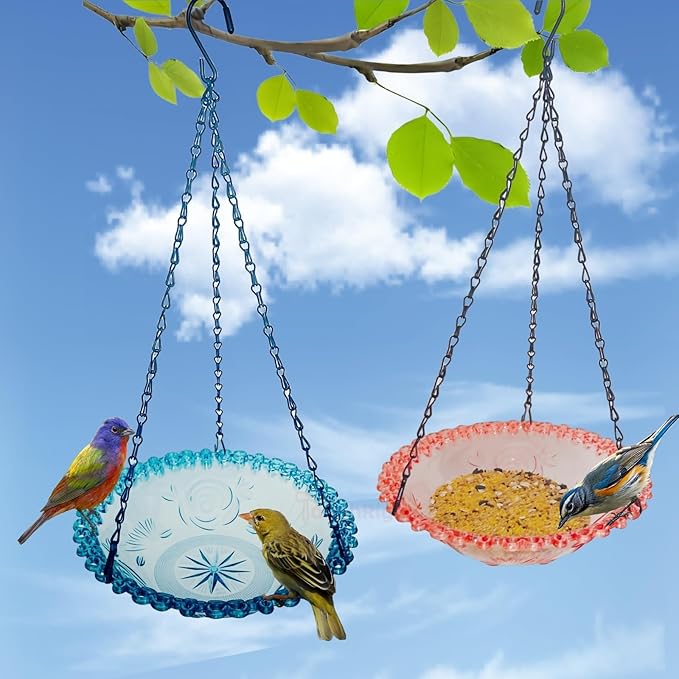 2 Pack Hanging Bird Baths Bowl Outdoor 15.8 Inch Metal Chains, Weather-Resistant Hanging Bird Feeder & Bath Tray for Garden Patio (Plastic, Blue & Pink)
