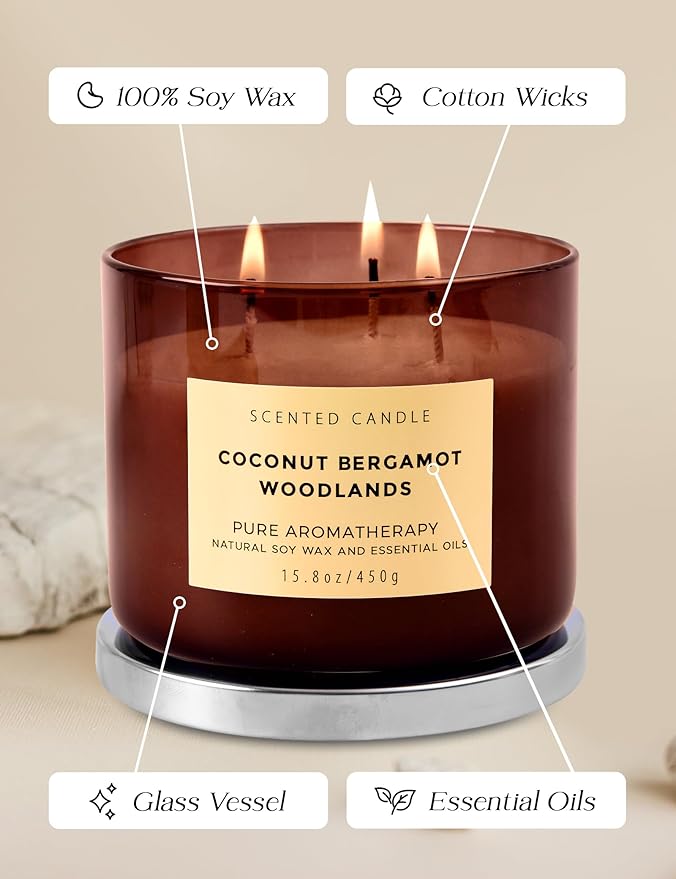 Coconut Bergamot Woodlands 3-Wick Soy Scented Candle, 15.8 oz - Clean Burn - Creamy Coconut, Bergamot & Balsam Woods - Large Aromatherapy Candle for Home Relaxation