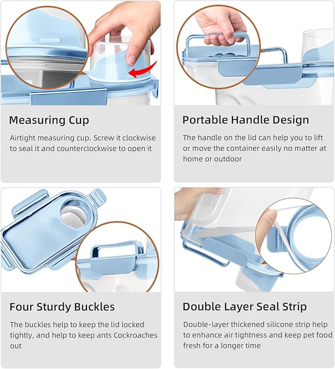5-7Lbs Small Cat Dog Food Storage Containers BPA Free, Airtight Pet Food Storage Containers with Large Pour Spout/1 Measuring Cup/ 4 Safety Locks and double-layer silicone strip (Elegant Blue)