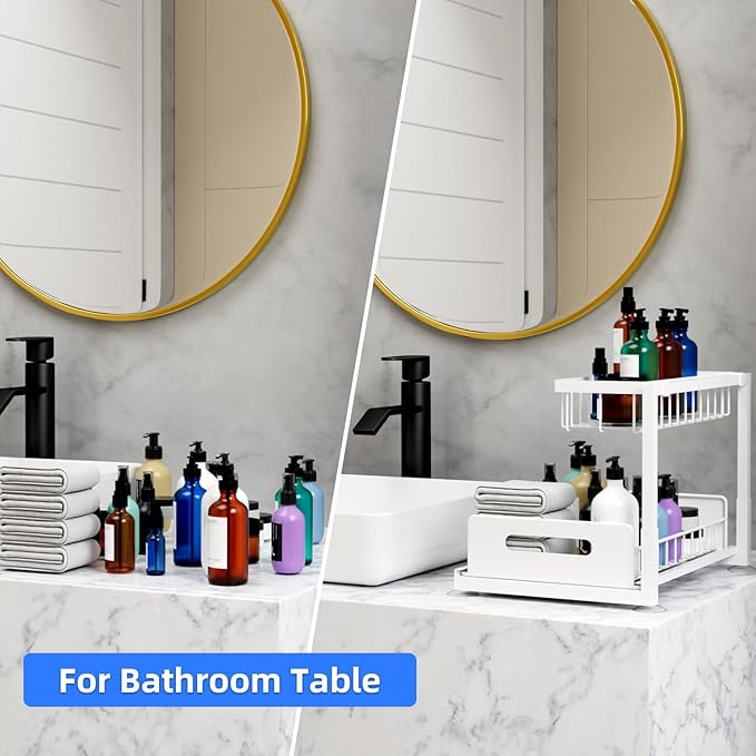 2-Tier Under Sink Slide Out Organizer, 2 Pack Pull Out Cabinet Storage Shelf with Sliding Wire Basket Drawer for Bathroom Kitchen, Countertop or Pantry Shelf, White