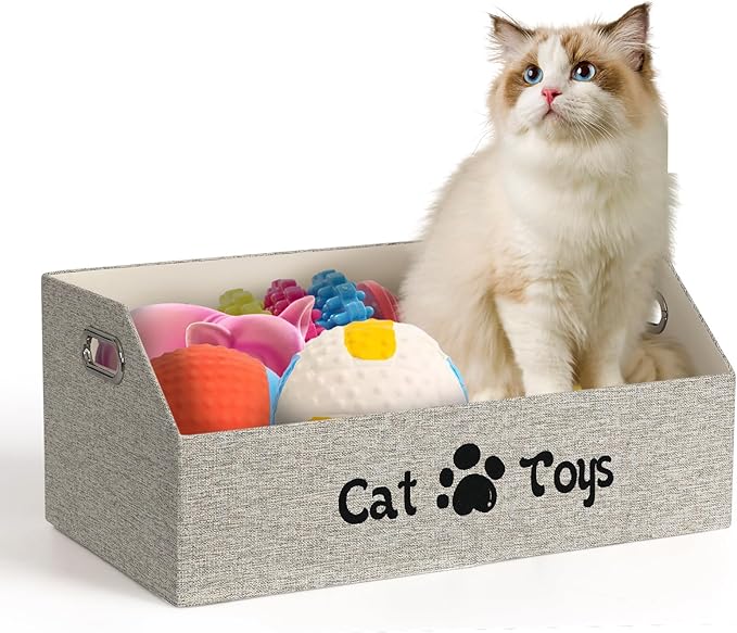 Cat Toy Basket, Kitten Toys Storage Organizer Foldable Fabric Bin Pet Supplies Chest Holder Trapezoid Container with Metal Handles for Organizing Cats Clothes Accessories, Beige