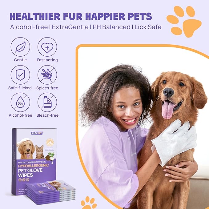 HICC PET Cleaning Deodorizing Glove Wipes for Dogs & Cats, Vet Recommended Hypoallergenic Hydrating & Nourish Fur Pet Grooming Glove Wipes, Pet Bathing Wipes for Horse Coat Care