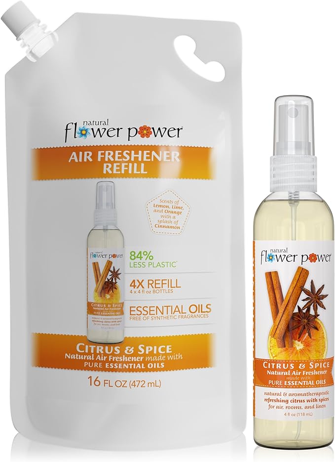Natural Flower Power Air Freshener Spray Refills - Odor Eliminator w/Essential Oils - Home, Car & Fabric - Cruelty Free & Vegan – Citrus & Spice Spray 4 fl oz + Refill 16 fl oz Combo