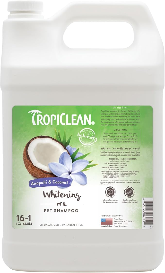 TropiClean Whitening Dog Shampoo, Professional Dog Shampoo, Whitening & Brightening, For All Coat & Color Types, Puppy Safe, Made in USA, 1 Gallon
