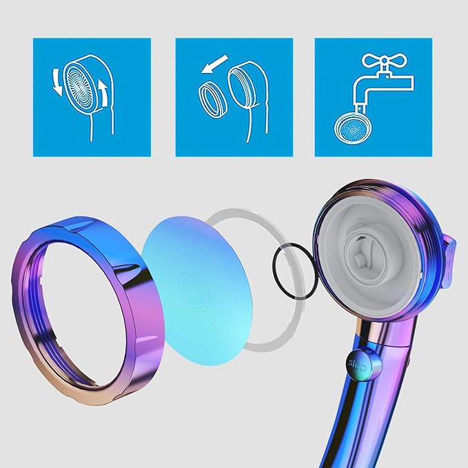 KAIYING Drill-Free High Pressure Handheld Shower Head with ON/OFF Switch, 3 Spray Modes - Polished Finish, Shower Head (Radiant Rainbow) + Bracket + Hose