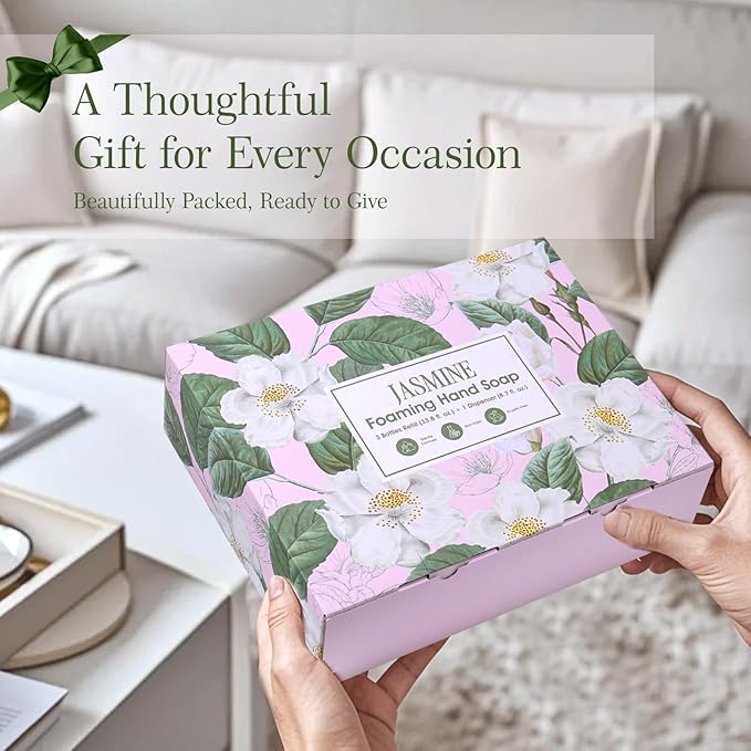 ROMIIE ZOI Natural Jasmine Foaming Hand Soap Refills 3-Pack (33.8 Fl Oz Each) with Dispenser - Plant-Based, Non-Toxic, Large Volume for Kitchen, Bathroom - Great Value Gift Set for Housewarming