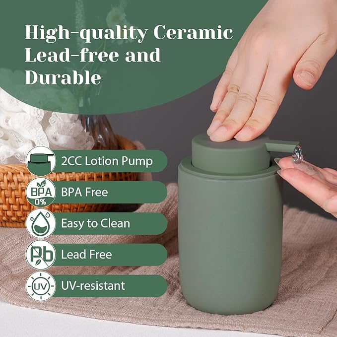 INGOFIN Ceramic Lotion Soap Dispenser Set, 2 Pack (12 oz) Bathroom Hand Soap Dispenser with Pump, Liquid Hand and Dish Soap Dispenser Set, 8 Pcs Clear Stickers, for Kitchen Bathroom-Matte Green