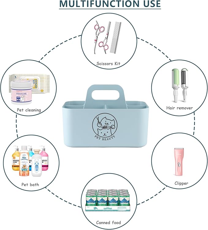 Dog Storage Organizer for Grooming Supplies,Portable Caddy Organizer for Pet Stuff,Divided Storage Bin for Dog Cat Grooming Kit,Dog Stuff Organizer with Handle for Shampoo,Clipper,Comb-Blue