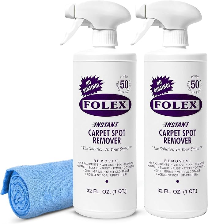 FOLEX Instant Carpet Spot Remover 32 oz – Powerful Stain Remover for Carpets, Upholstery & Rugs – Eliminates Pet Stains, Grease, Red Wine, Food, Makeup & More – With Reusable Cleaning Cloth – 2 Pack