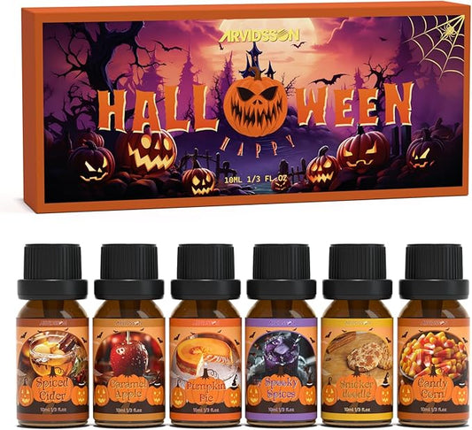 Halloween Fragrance Oils Set, ARVIDSSON Fall Essential Oils for Diffuser - Pumpkin Pie, Spiced Cider, Caramel Apple, Candy Corn, Snickerdoodle, Spooky Spices, Autumn Scented Oil Gift for Women