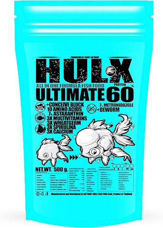HULX Blue Goldfish Food Sinking Pellets for Big Muscle & Mass Weight Gain, Whey Mixed High Protein 60% Fish Food Growth Fast Formula 600 Gram. 1mm, Healthy, Color Enhancing Clear Water Fish Feed