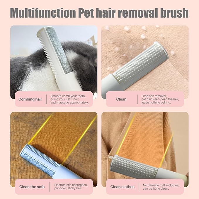 2-in-1 Double Sided Pet Hair Remover Brush - Grooming & Cleaning Tool for Cats Dogs, Static Adsorption Fur Remover for Furniture, Sofa, Car Seat, Clothes, 120g Ultra-Lightweight (Pink)