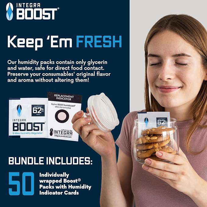 Integra Boost 2-Way Humidity Control Pack – Patented Technology for Humidity Control – Preserve Flavor & Maintain 62% RH – Moisture Absorber for Herbs, Spices & More – 2 Gram (Pack of 50)